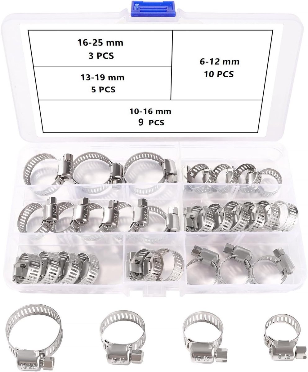 27 Stuks 6-25 mm Slangklemmenset, 304 Toestvrijstalen Slangklemmen, Verstelbare Slangklem, Wormwielslangklemmen, voor Waterleidingen, Sanitair, 4 Maten