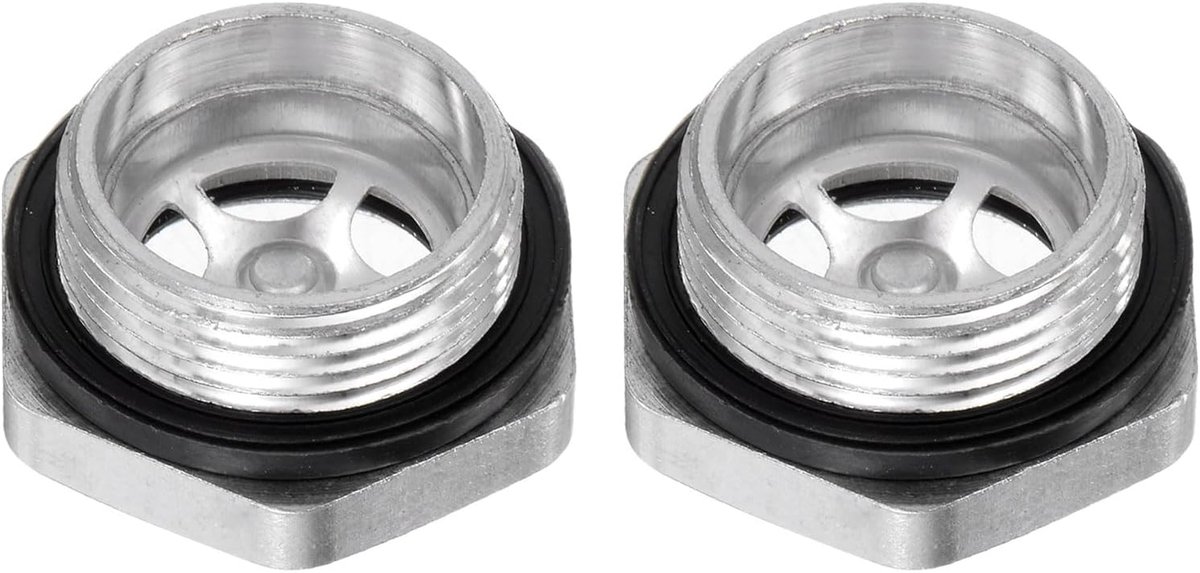 2 stuks glazen oliecontrolelamp, luchtcompressor, 26 x 1,5 mm buitendraad, vloeistofindicator, aluminium, zeskantige kop, raam met O-ring voor transmissieboxen, zilver
