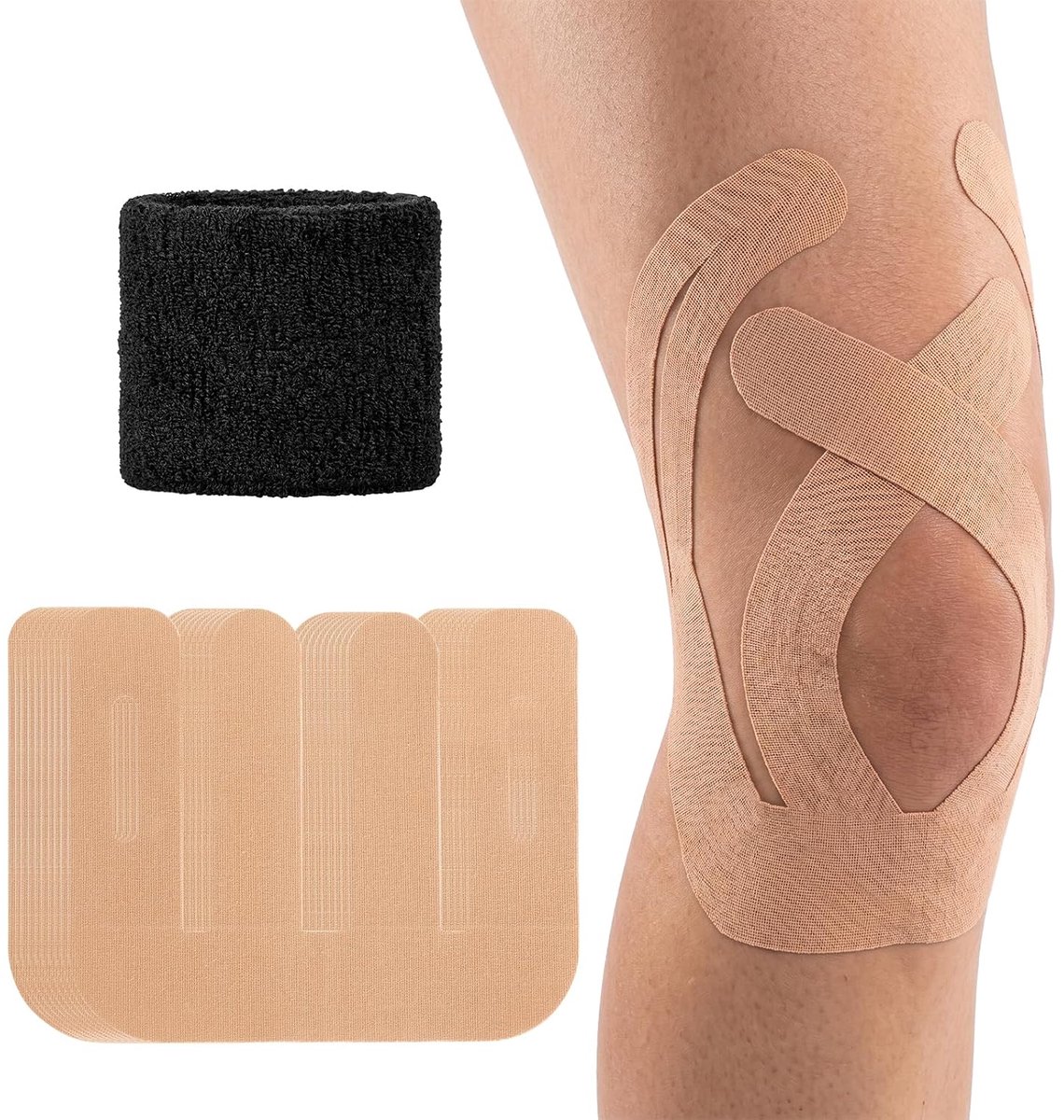 10 stuks knietape, voorgesneden, kinesiologietape van katoen met lijm, waterdicht, huidvriendelijk, flexibel, knieband met 1 polsbandage voor fitness, hardlopen, training en dagelijks gebruik