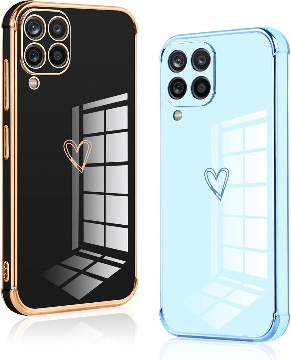 Beschermhoes voor Samsung Galaxy A12/M12/A12 Nacho, hartpatroon, TPU-siliconen, zacht, schokbestendig, 2 stuks, zwart en blauw