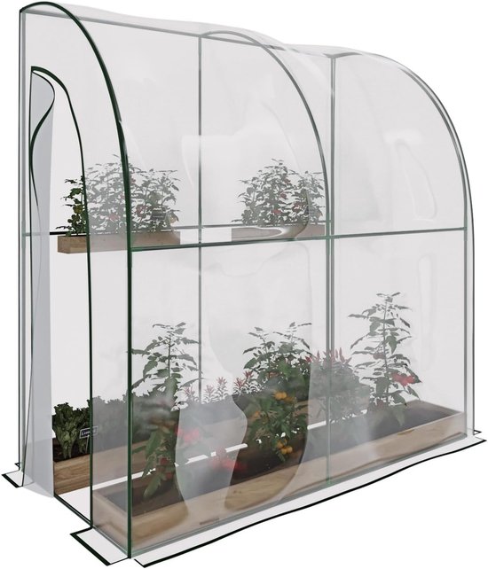 Transparante kas met planten op planken, opgerolde deur en groene randen.