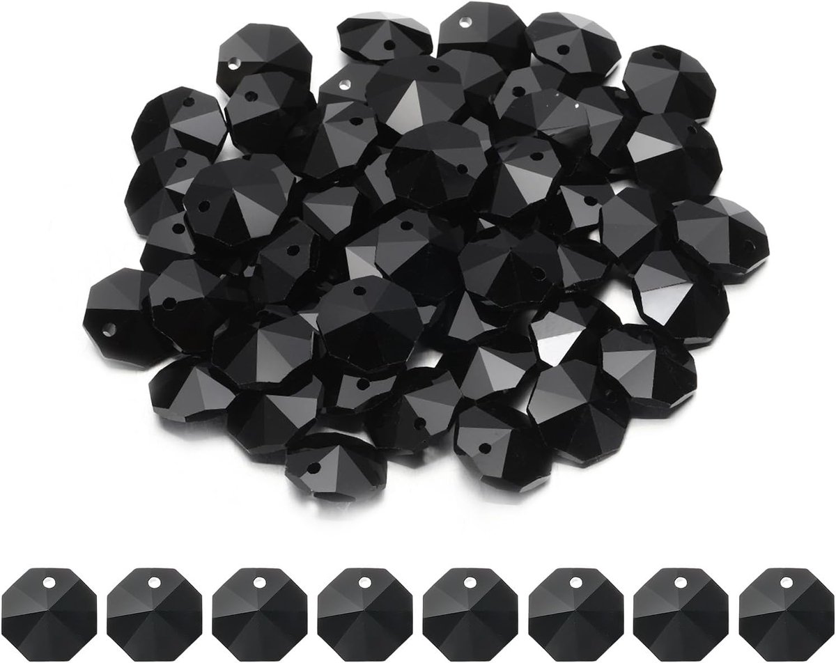 50 stuks achthoekige glaskralen met 1 gat, 14 mm, prismaglas, K9, voor het ophangen van kroonluchters van glas, sieraden, hangers, doe-het-zelf, zwart
