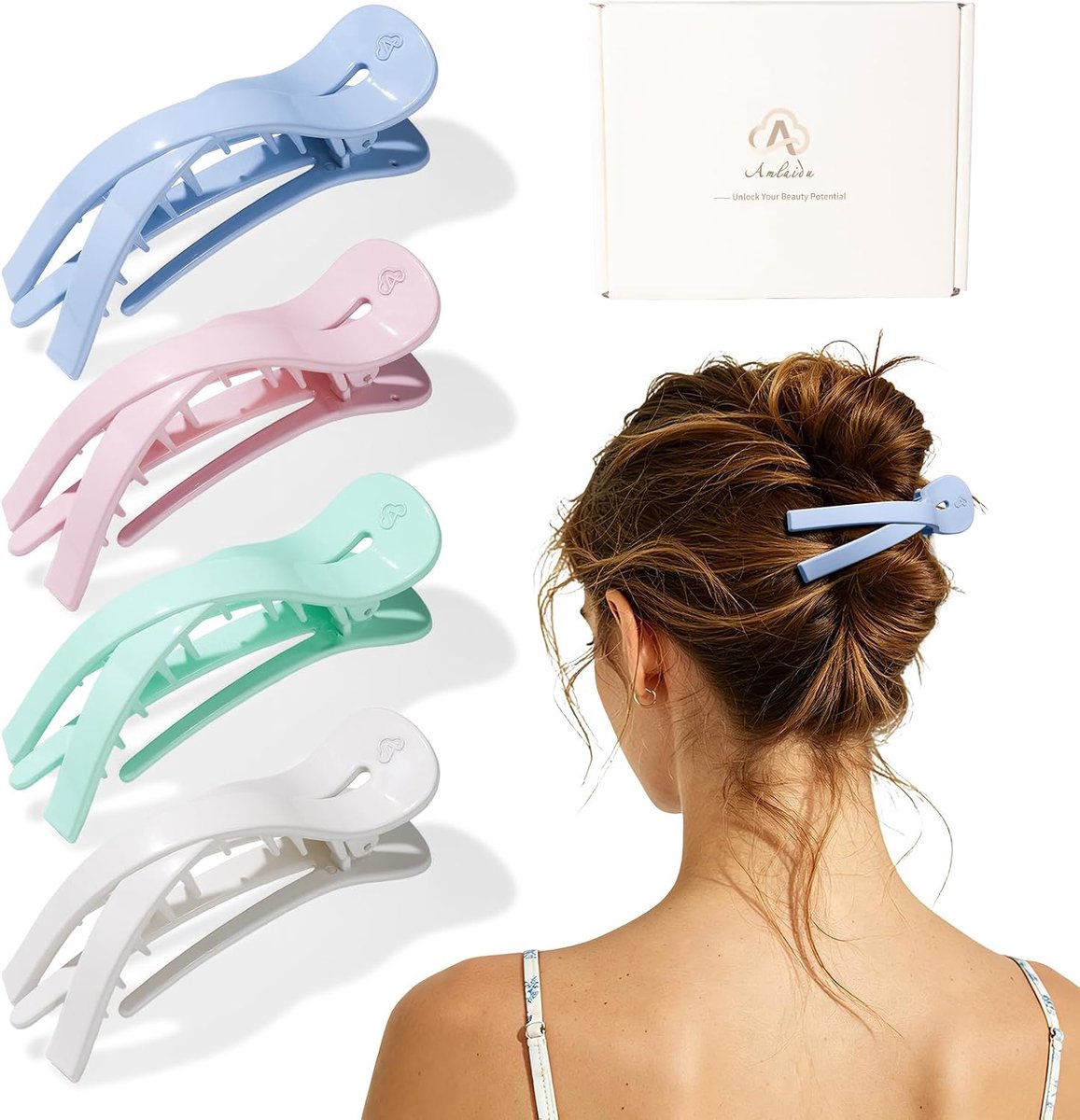 Klemmen voor Vrouwen, Frans Klauw Klemmen voor Dun en Dik Haar, Leuke Haarspelden, Mode Neergelegde Klemmen, Antislip, Stevige Grip, Wit, Roze, Paars, Groen, 4 stuks