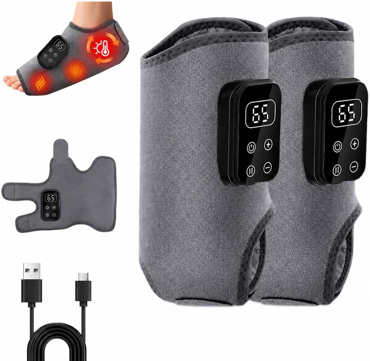 longziming - Voetmassageapparaat - Elektrische Voetmassage - Shiatsu Voetmassage - Warmte Tot 65°C - Luchtcompressie En Vibratie - Zacht Textiel - Draadloos Design - Verlicht Pijn En Vermoeidheid - 2 Stuks