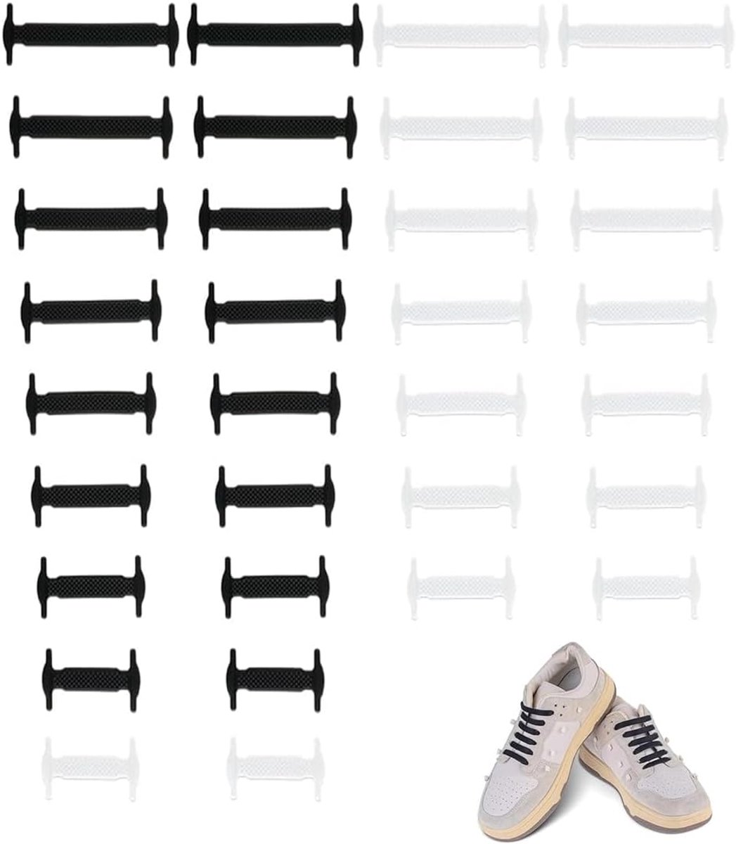 Elastische Veters 16 Paar - Silicone Zonder Knoop - Zwart/Wit - Geschikt voor Sport- en Leren Schoenen - ShopVlot