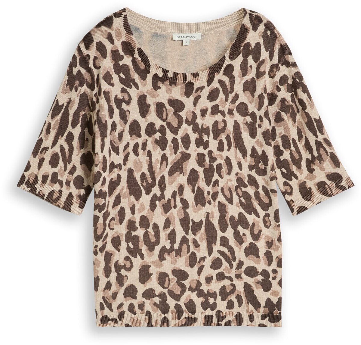 Tom Tailor - Gebreide trui met luipaardprint - Maat XL - gravel beige melange leo