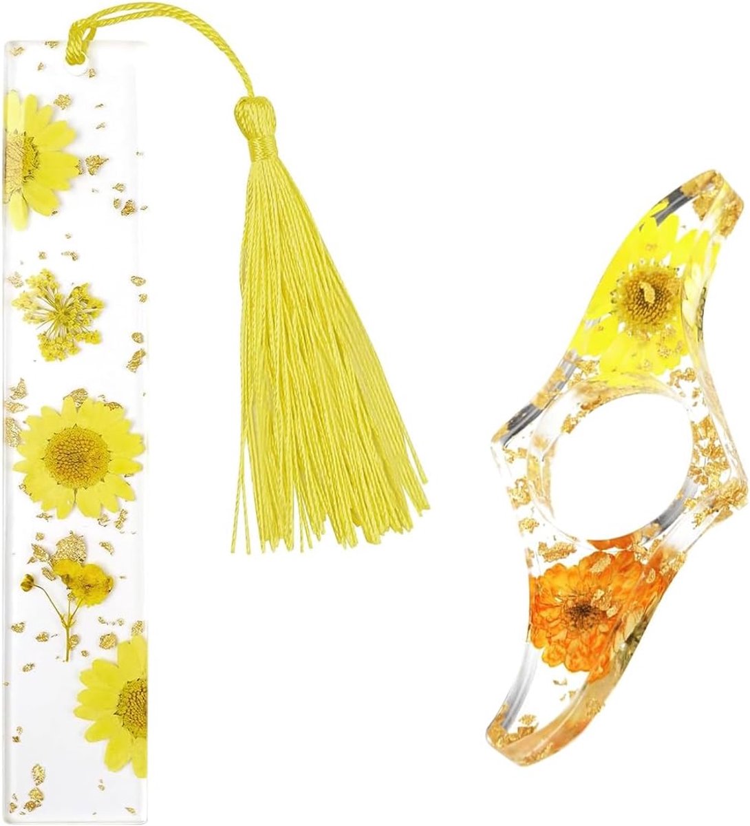 Boekenleggers 2 stuk - Transparant met gedroogde bloemen - Acryl met gouden spikkels - Perfect voor boekliefhebbers - ShopVlot