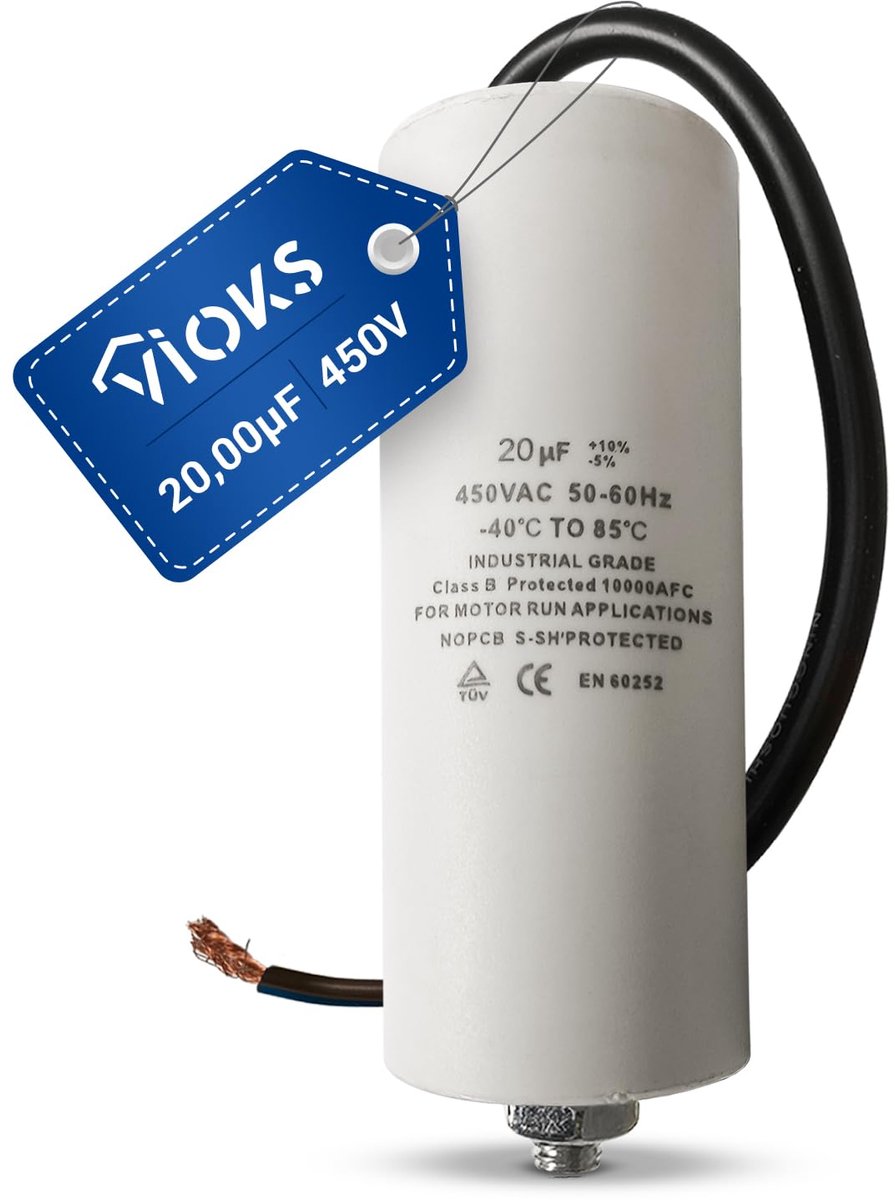 Capacitor 20μF 450V - CBB60 condensator - Universeel met aansluitkabel en montagebout - ShopVlot