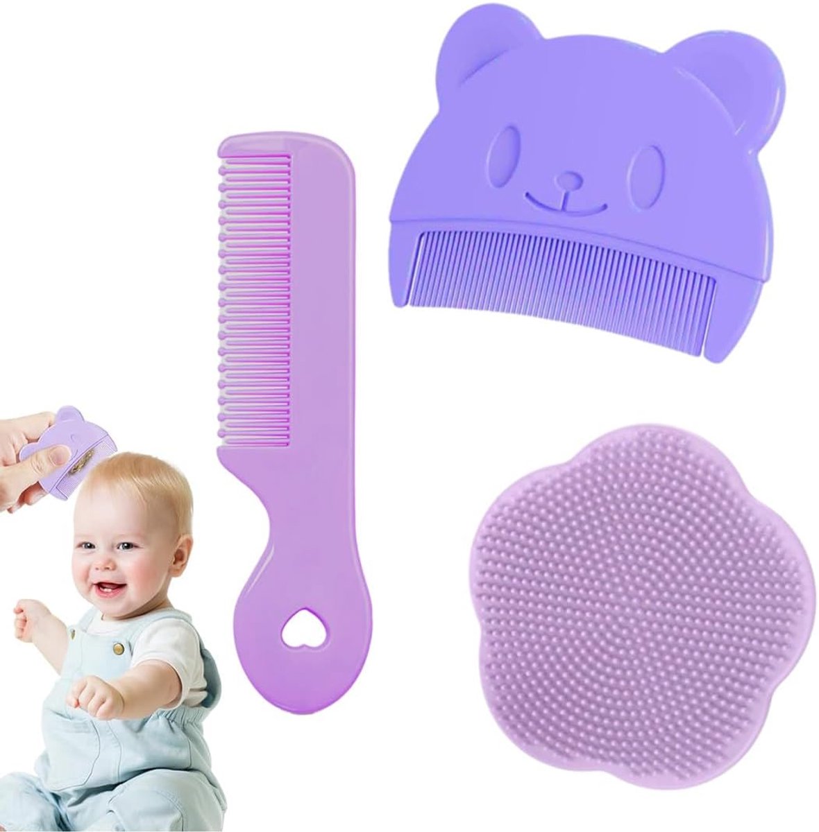 Baby kam set 3-delig - paarse haarborstel - milde massage - voor baby's en pasgeborenen - ShopVlot