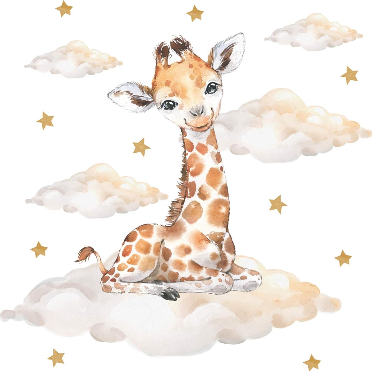 Muursticker kinderkamer giraffe - met wolken en sterren - voor jongens en meisjes - sfeervolle safari decoratie - ShopVlot