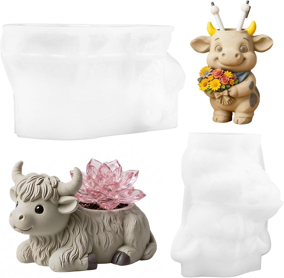 Siliconen gietvormen - 2 stuks Highland Cow vaas - epoxyhars en beton - voor unieke bloempotten - ShopVlot