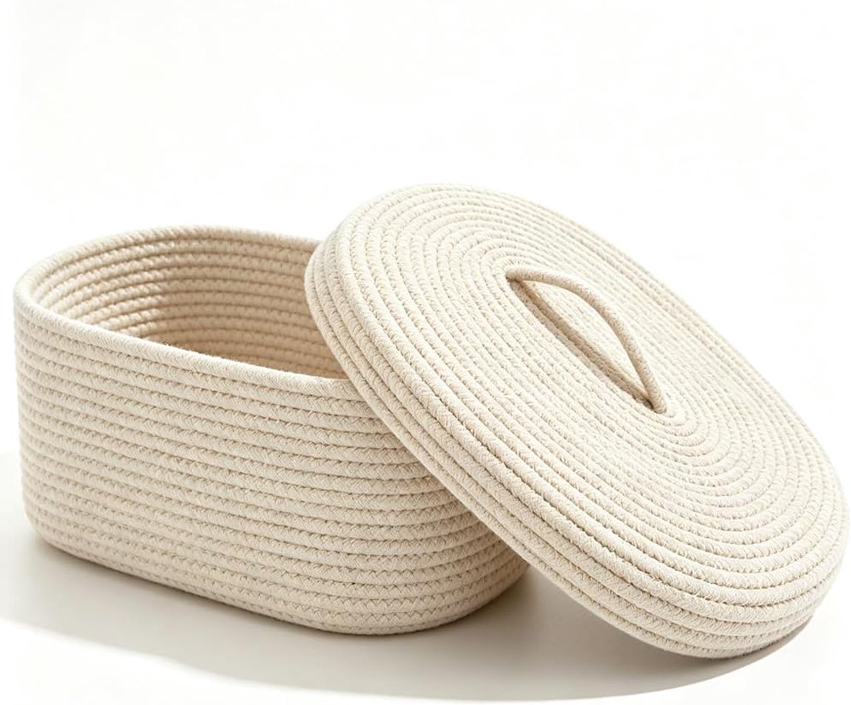 Opbergmand katoen 38 x 28 cm - Beige met deksel - Handvatten - Voor dekens en kussens - ShopVlot