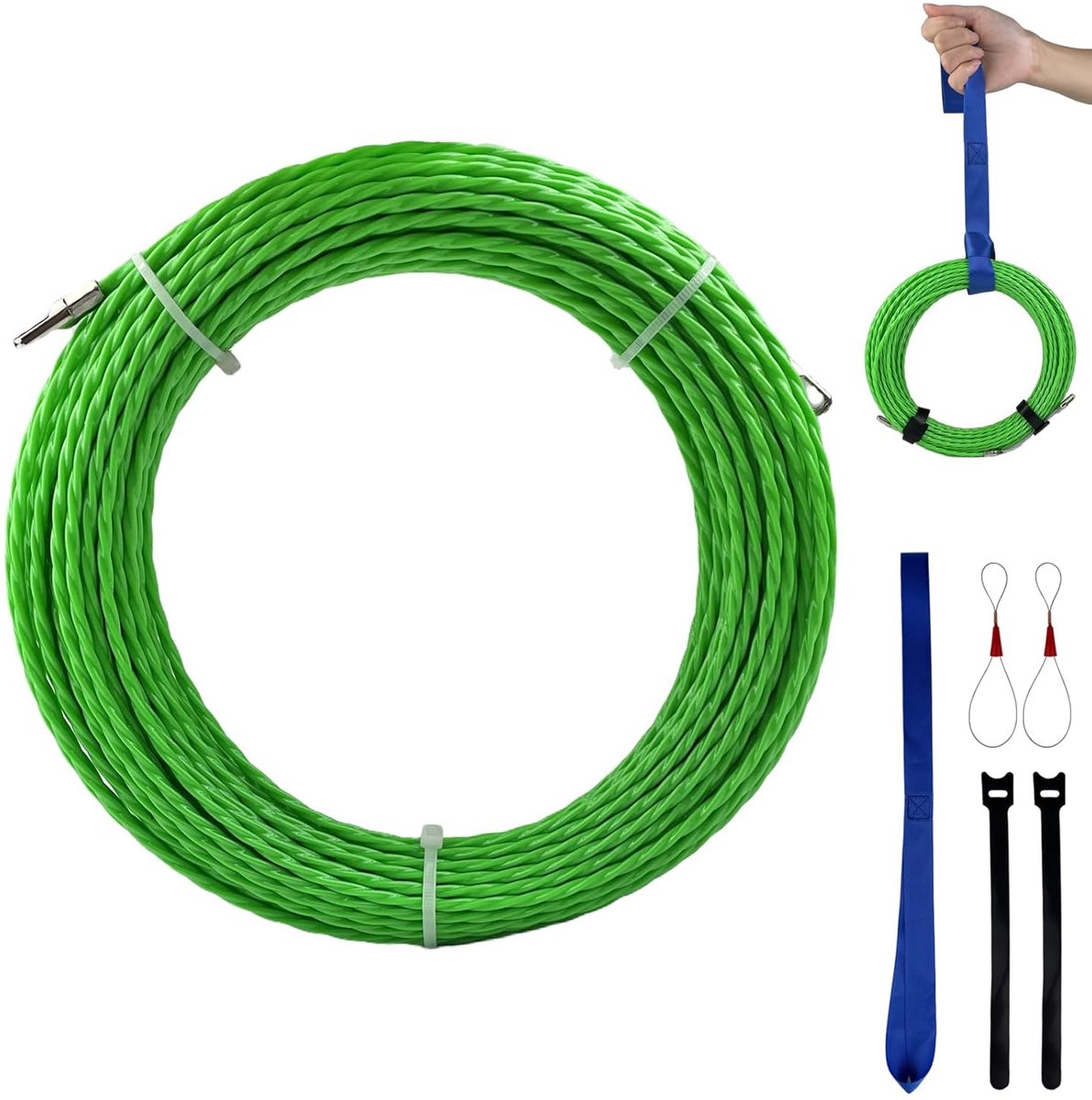 Kabeltrekhulpmiddel 30 m - met 3 geleideveren - 4 mm trekband - ideaal voor het inleggen van kabels - ShopVlot