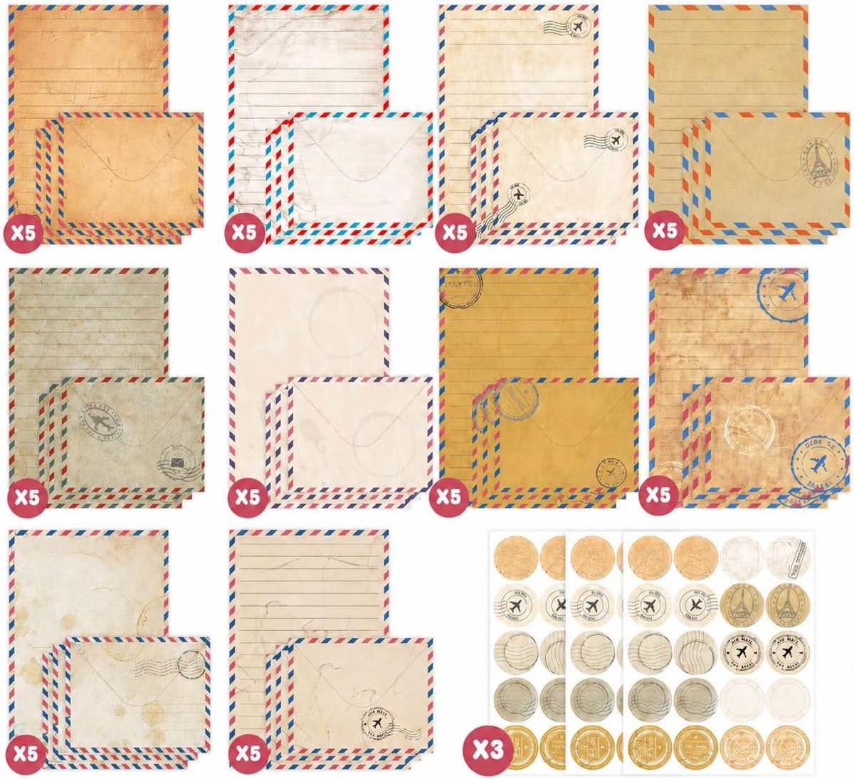 Schrijfset met enveloppen 50 stuks - kraftpapier vintage ontwerp - nostalgisch briefpapier - ideaal voor uitnodigingen - ShopVlot