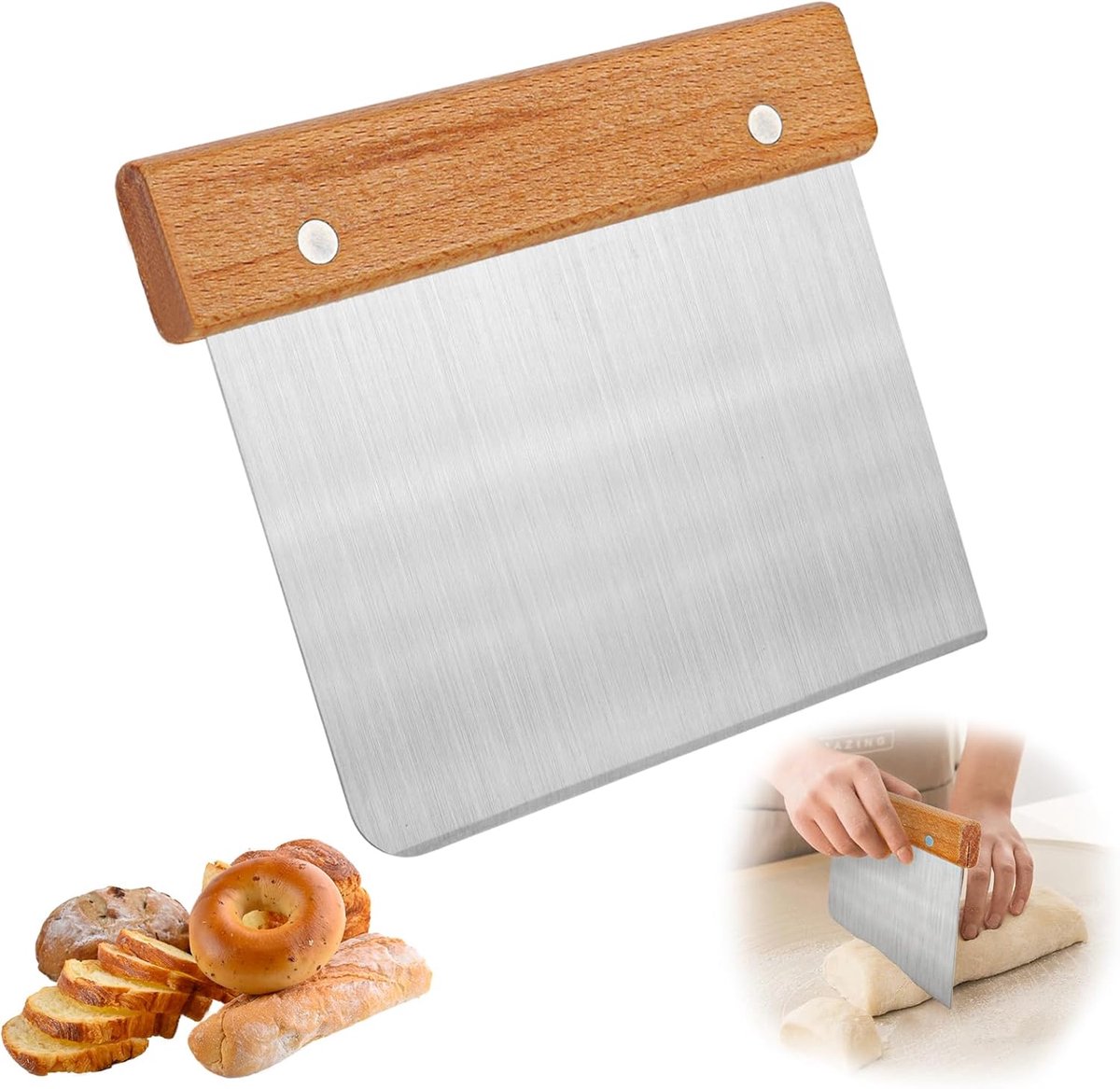 Stainless Steel Staigshaber 15 x 11 cm - houten handvat - met kunstmes - ideaal voor het snijden van brood - ShopVlot