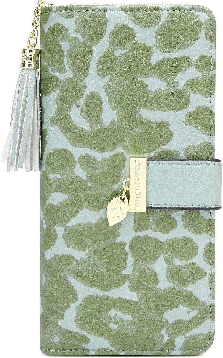 Damesportemonnee groen - luipaardpatroon kunstleer - met kwast en bladhanger - elegant en praktisch - ShopVlot