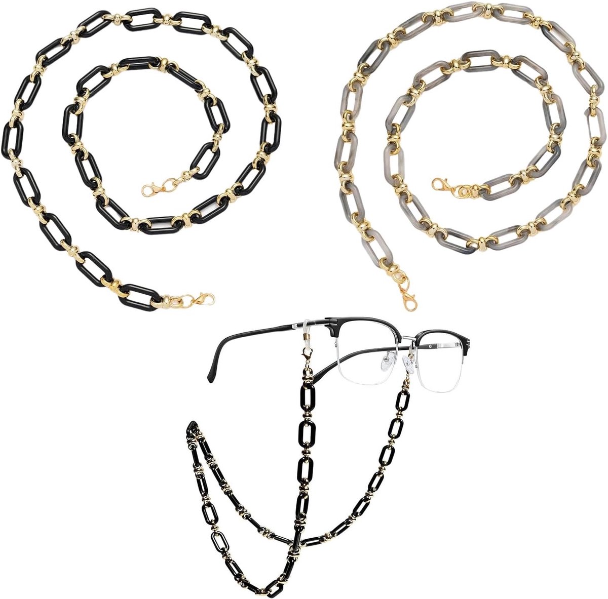 Brilketting dames 2 stuks acryl schakelketting zwart grijs - anti-verlies brilkoord - multifunctioneel gebruik - SnelShoppen