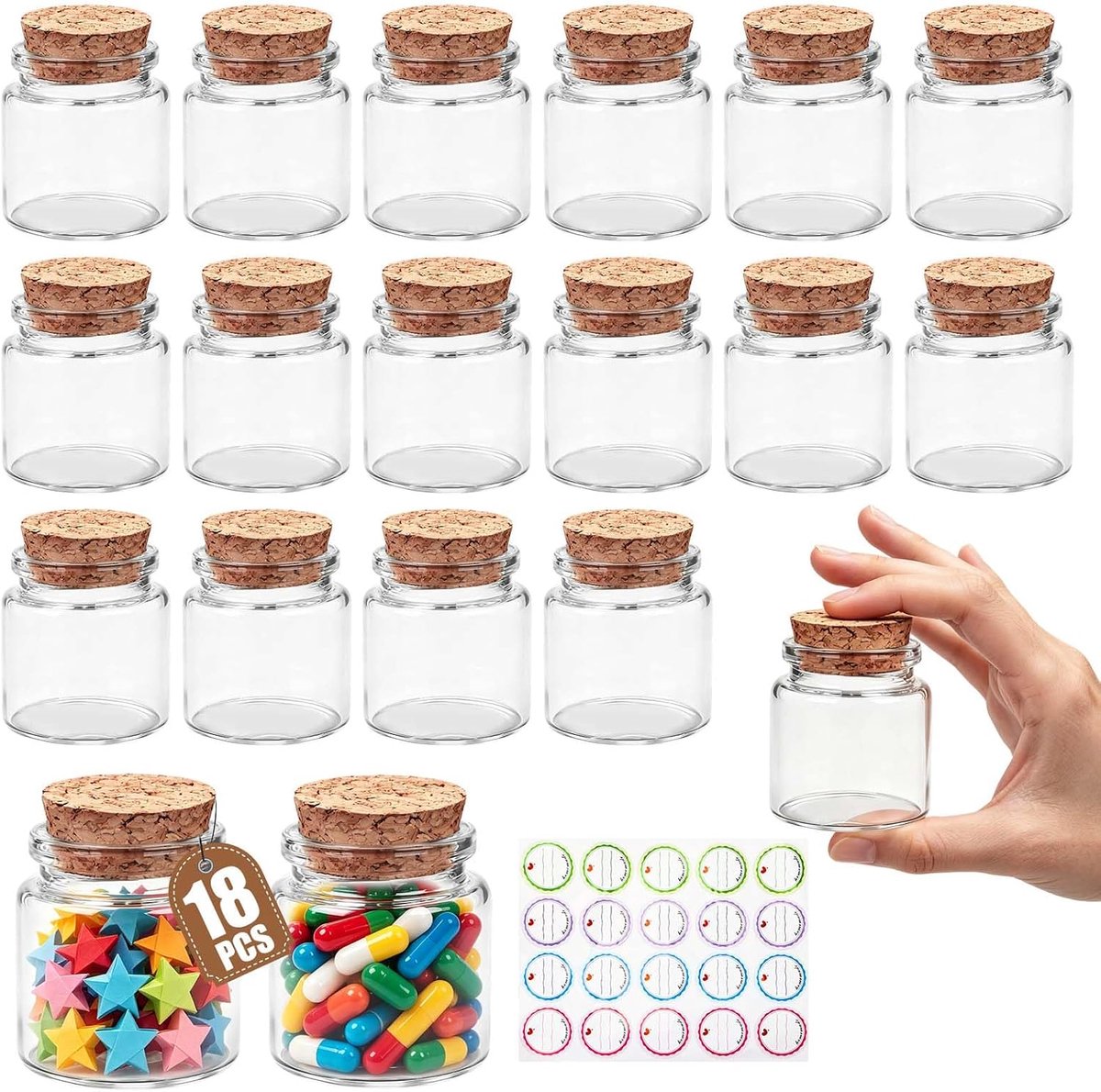 Mini glazen flessen 50ml - set van 18 stuks - met kurk en labels - ideaal voor creatieve projecten - SnelShoppen