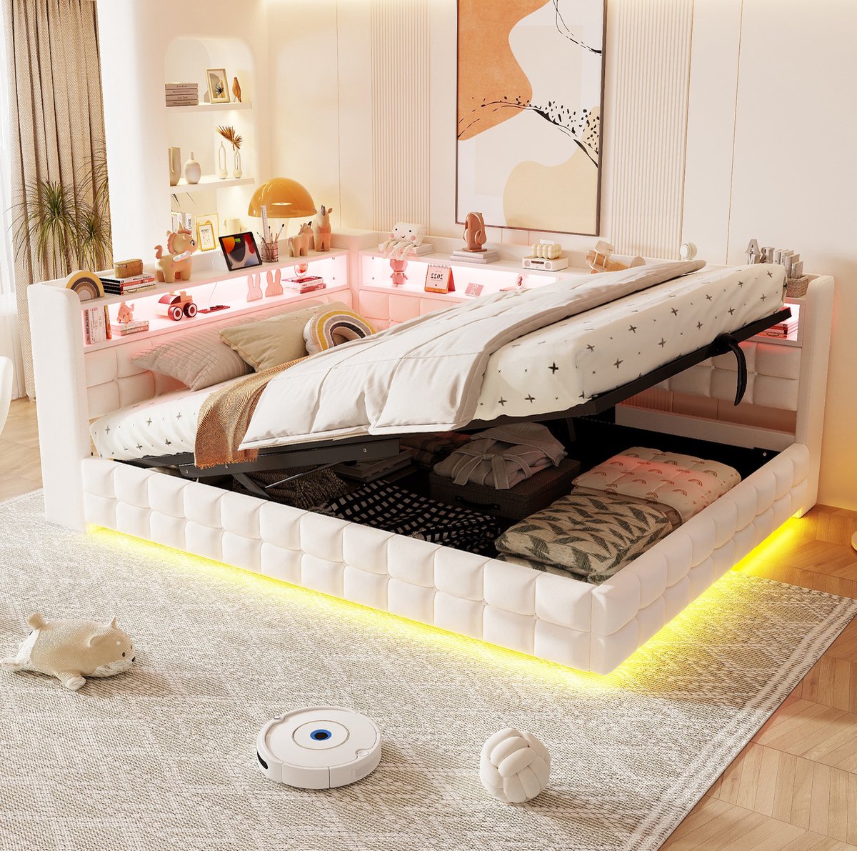 STILVORA Bedbank 140x200 cm – Met LED-Verlichting & Laadpunten – Hydraulische Opbergruimte & Houten Planken – Zonder Matras – Beige