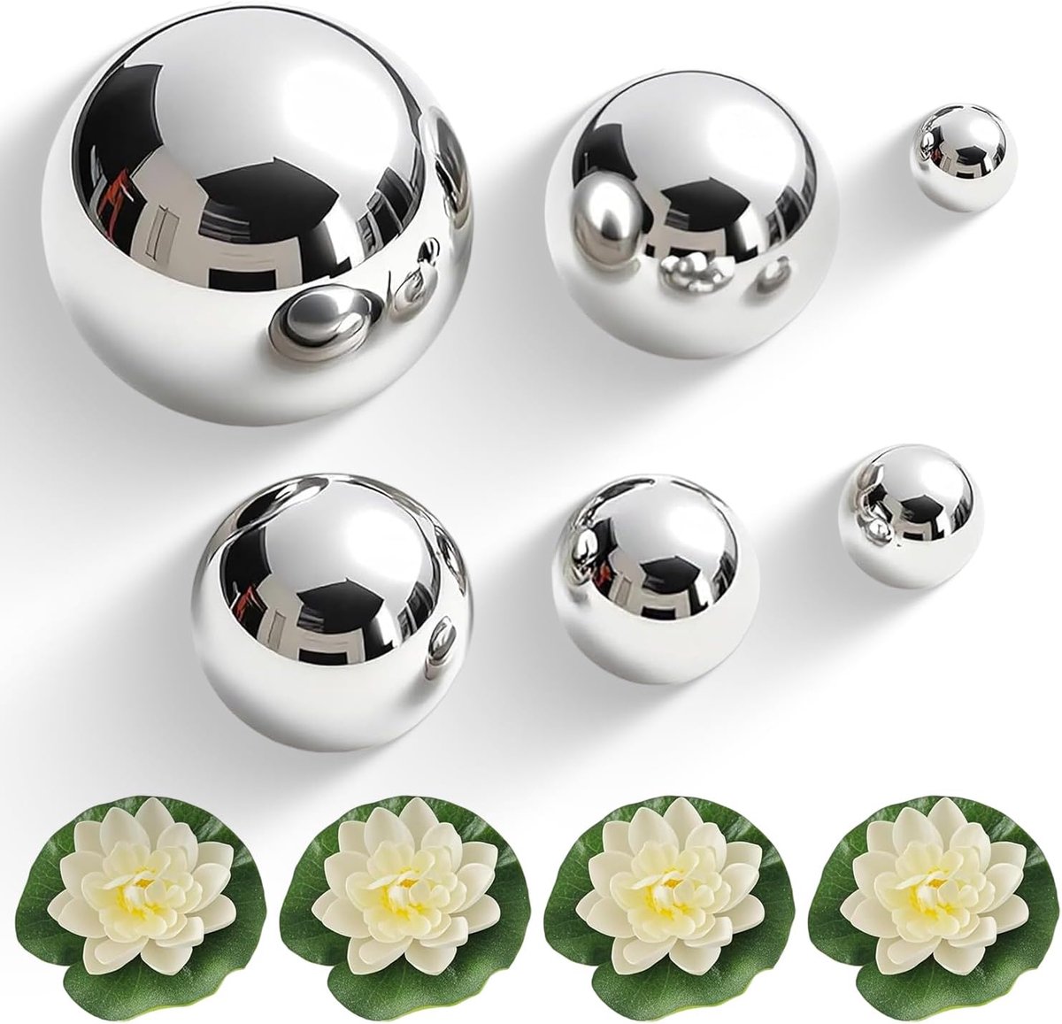Decoratieve ballen set - 6 stuks roestvrij staal - met 4 drijvende bloemen - voor tuin en vijver - SnelShoppen