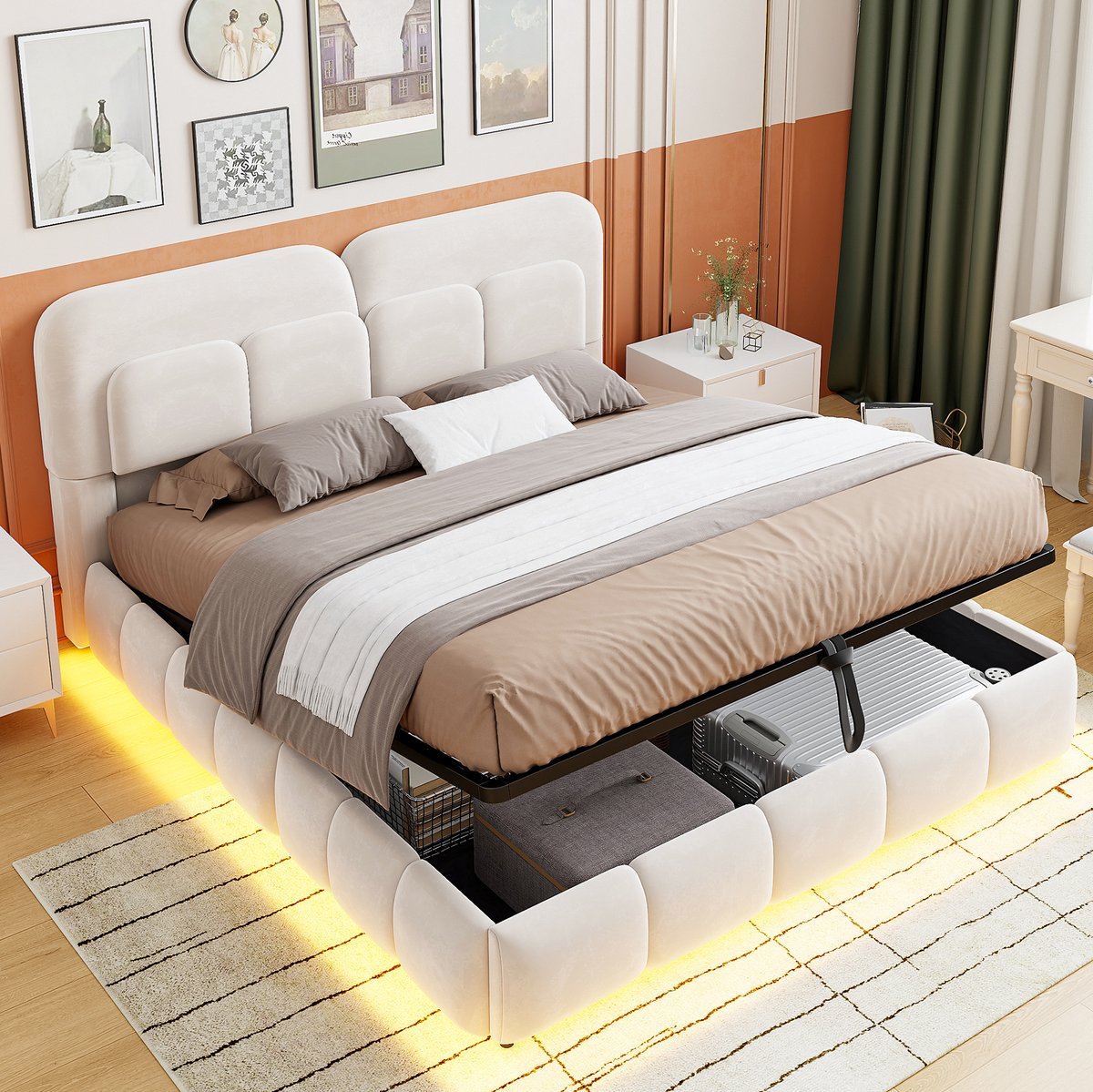 STILVORA Gestoffeerd Bed 140x200 cm – LED-Verlichting En Hydraulische Opbergruimte – Tweepersoonsbed Met Lattenbodem – Zonder Matras – Beige