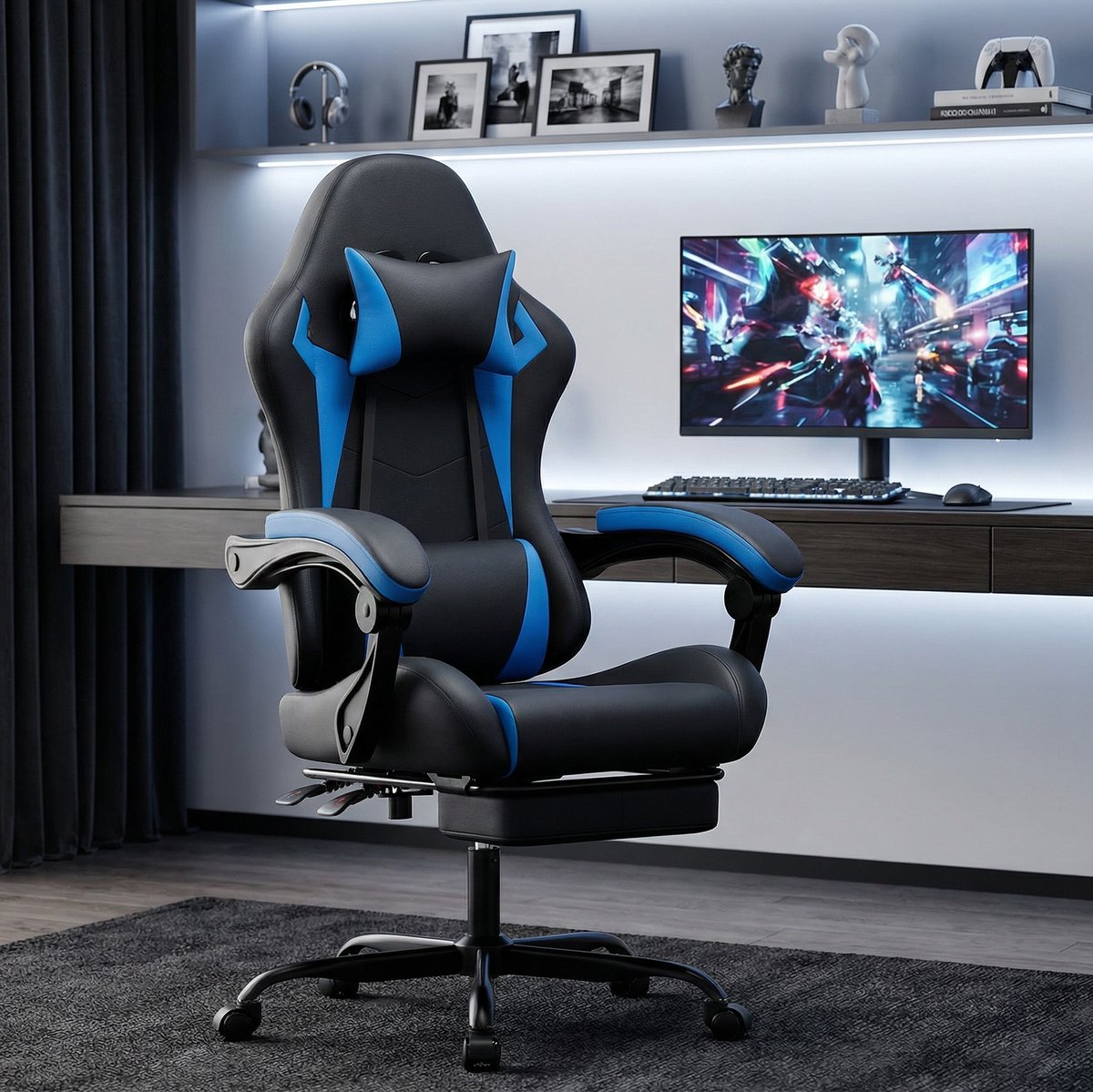 MODFU Gamingstoel - Ergonomisch Met Hoofdsteun En Lendenkussen - Zwart Blauw