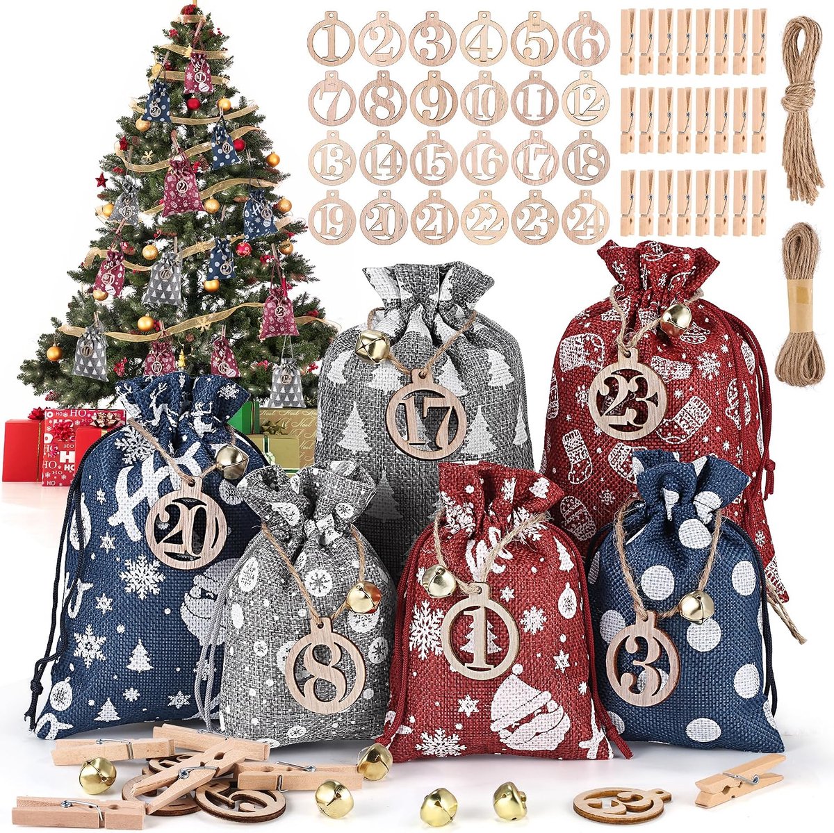 Adventskalender set 24 zakjes - DIY adventskalender met houten knijpers - vul met cadeautjes - SnelShoppen