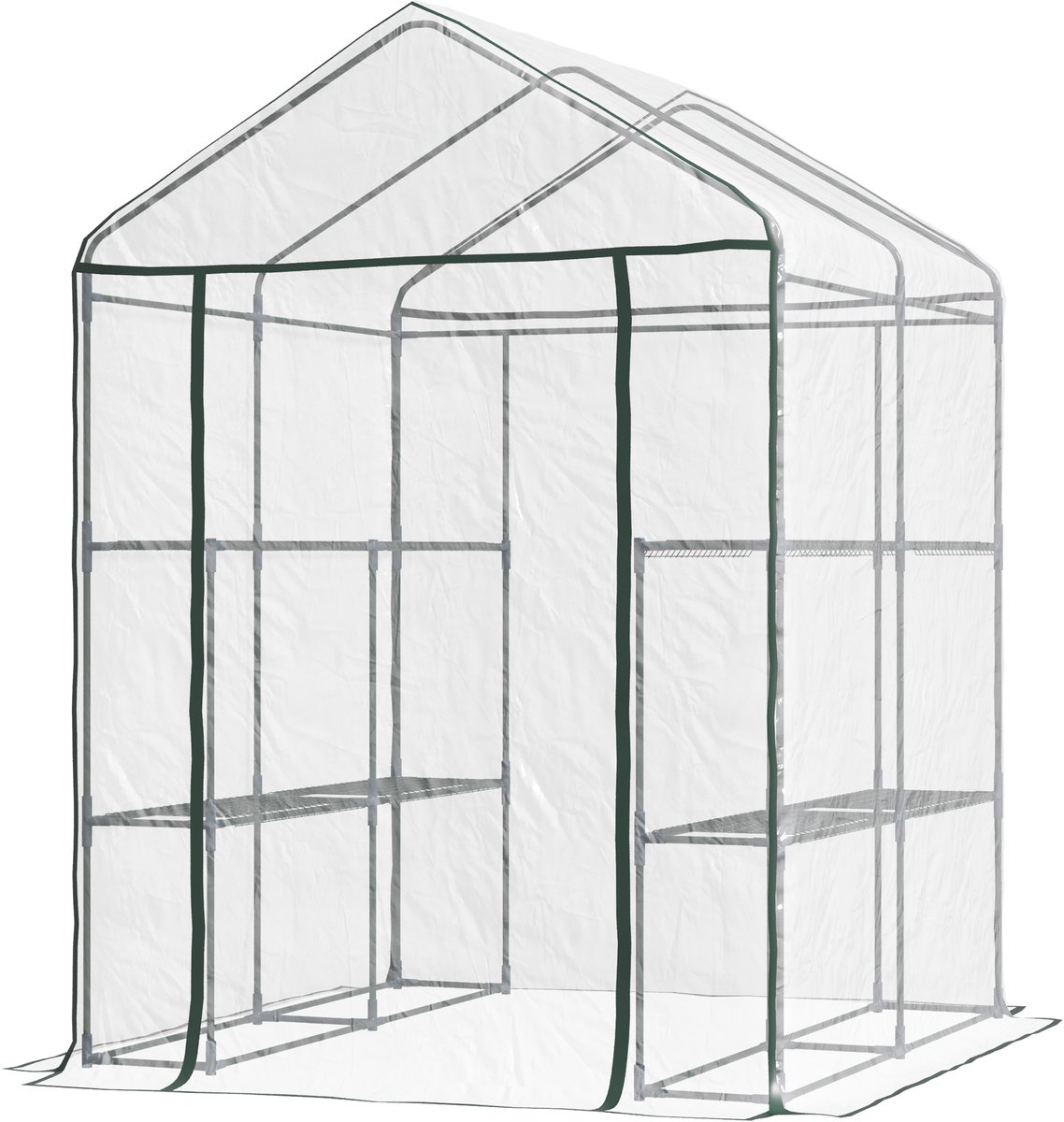Tuinkas met planken 3 niveaus - 143 x 143 x 195 cm - transparant - stalen frame - oprolbare deur met ritssluiting-binnen en buiten - groen