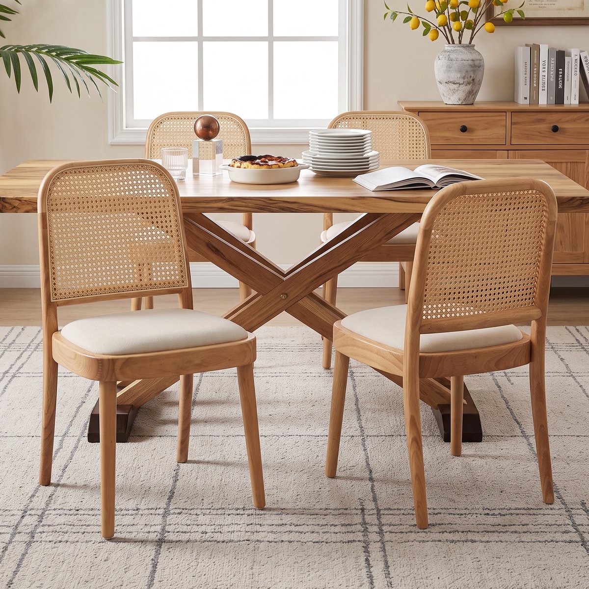 Clruro Eetkamerstoelen - 4 Stuks - Rotan Rug met Linnen Zitting - Massief Hout - Naturel