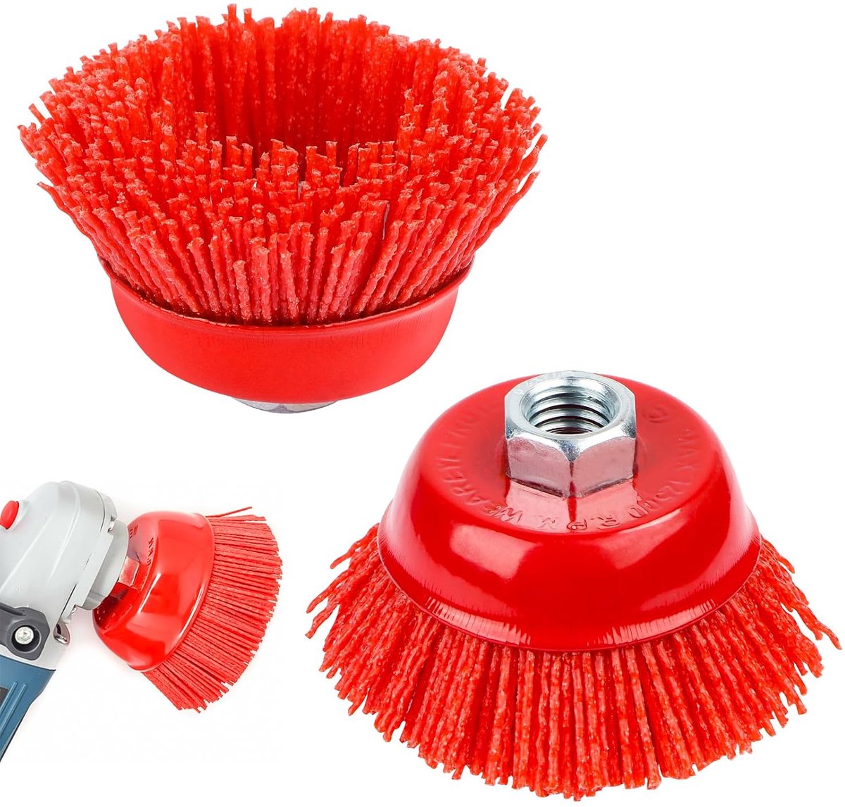 SnelShoppen - 2-delige nylon cupborstel boor M14, flexibele nylon filamenten met schurende ballen, fijne korrel, rood, ideaal voor verfverwijdering en