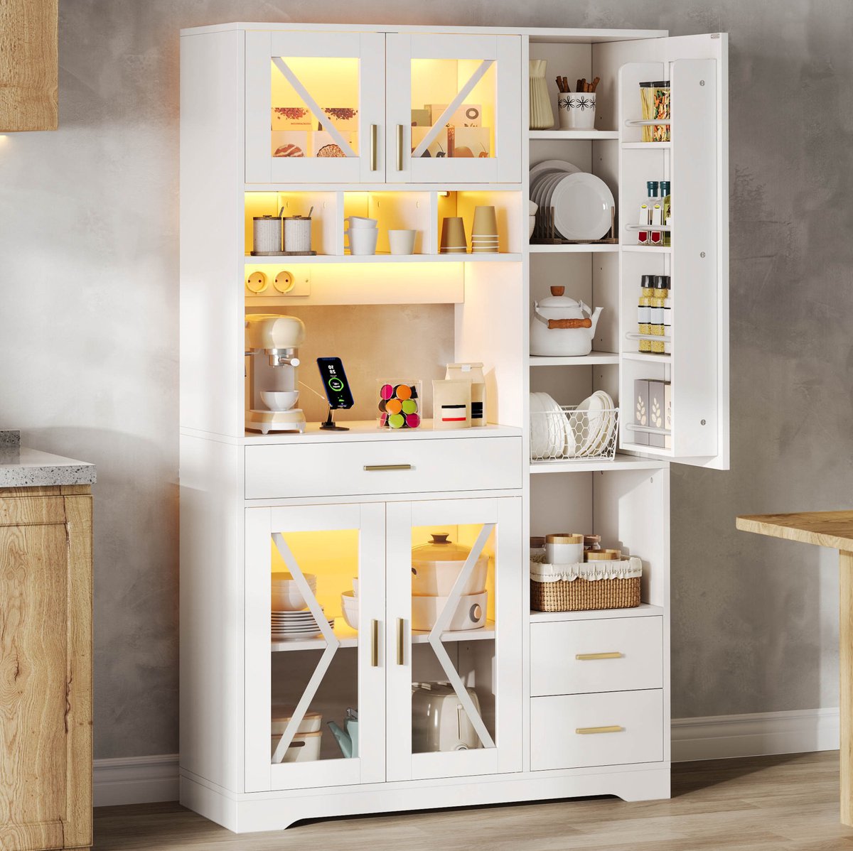 MODENUIT Buffetkast - LED Verlichting En Stopcontacten - Voor Keuken En Eetkamer - Hout - Wit - 105x40x185 Cm