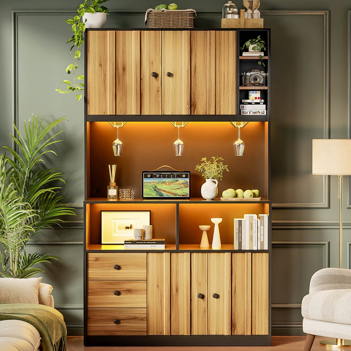 VVBV Buffetkast 100x40x180 cm - Wijnrek, Opbergruimte, USB-Aansluiting, Glazen Deuren - Zwart/Naturel, MDF
