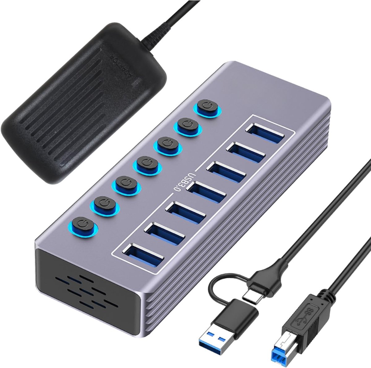 QORA® USB Hub met Voeding - USB Hub - USB Splitter - Grijs - 13cm x 5cm x 3cm