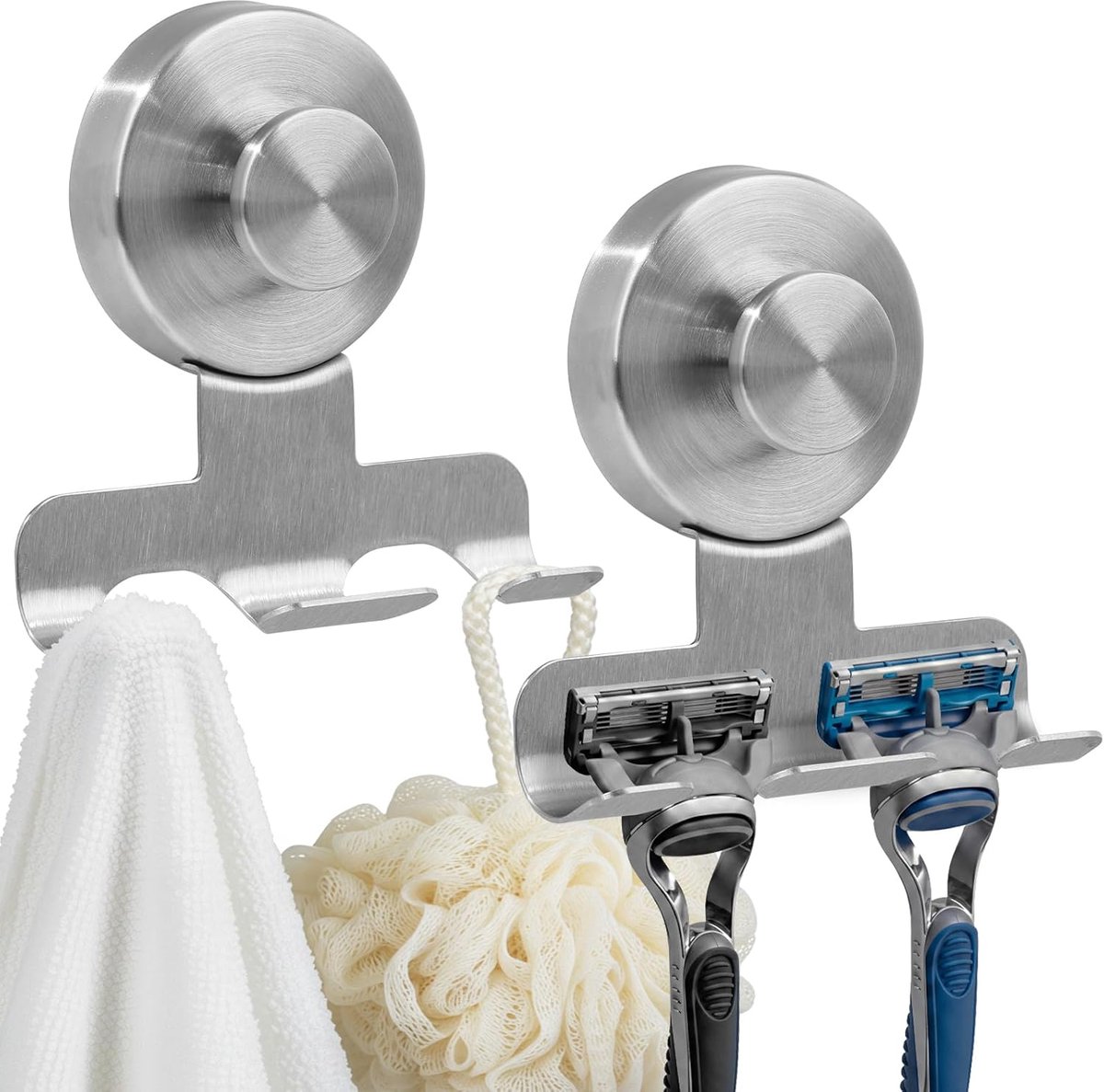 Scheerhouder, 2 stuks, rond, met zuignap, herbruikbare roestvrijstalen scheerhouder, zuignaphaak, douche-organizer zonder boren, voor handdoeken, badjassen, badkamer, keuken, deur, muur