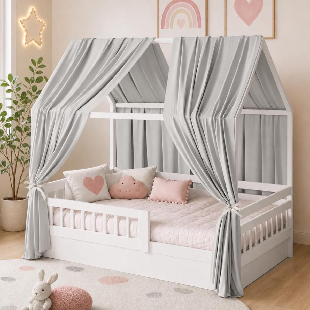 2-delige set Huisbed Hemel, Bedhemel Huisbed van Musseline, Zachte Baldachijn voor Huisbedden, Bedhemel Meisje & Jongen, Kinderkamer Decoratie 67 x 270 cm, Lichtgrijs