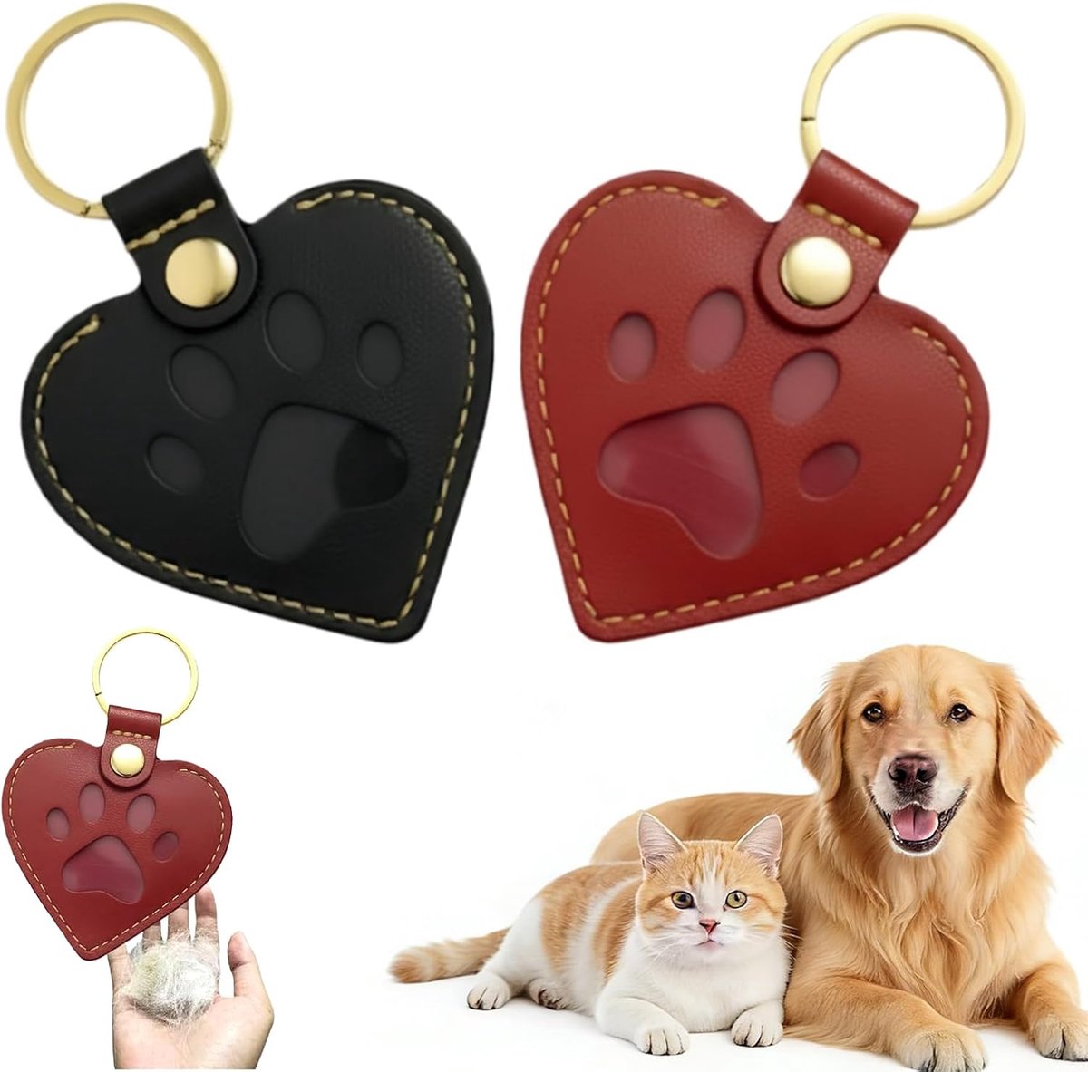 Memorial Sleutelhanger - Hart Lederen Keepsake voor Hond & Kat Lover, Single & Gift Set, Paw Print Hart