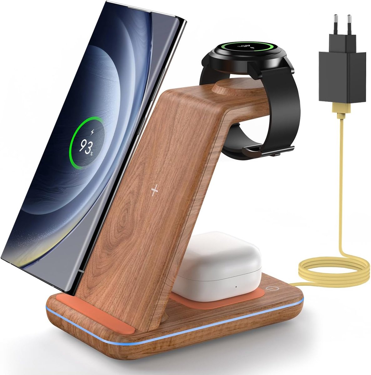 Oplaadstation voor Samsung, 3-in-1 Charger voor Samsung S26/S25/S24/Z Fold/Flip, Charger Stand voor Galaxy Watch Ultra/8/7/6, Draadloze Oplader voor Galaxy Buds, bamboo