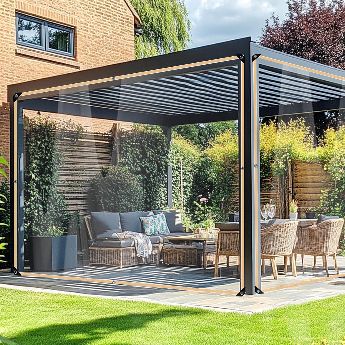 PVC zeil, transparant met ogen, doorzichtig afdekzeil, 2 m x 5 m, transparant terraswindscherm, weerbestendig, scheurvast zeil, waterdicht terraszeil voor buiten, LKW, tuinmeubelen