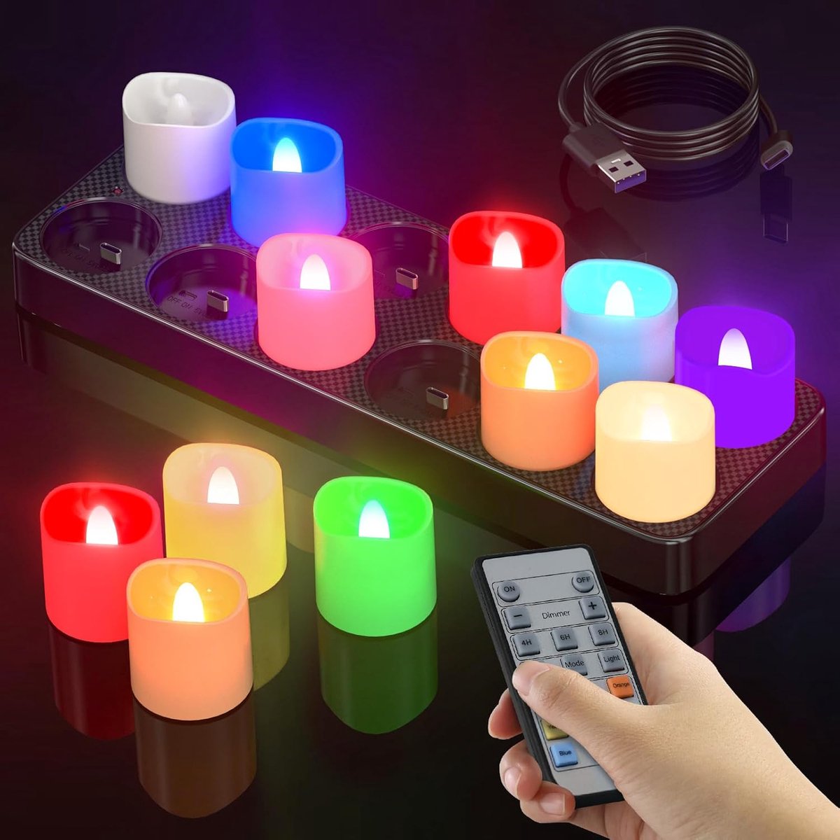 Oplaadbare Theelichtjes, 12 stuks Kleurveranderende Batterij LED Vlamloze Oplaadbare Kaarsen met Afstandsbediening en Laadstation Flikkerend voor Huis Kamer Halloween Kerst Decoraties