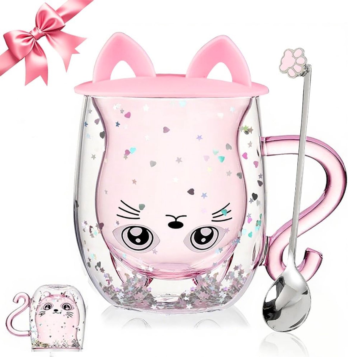 Cadeaus voor Vrouwen Kattengeschenken Dubbelwandige Glazen Koffie Latte Beker Schattige Spullen Kattenmok Geschenken voor Haar Kerstvulling voor Kousen, Verjaardag, Valentijnsdag, Halloween