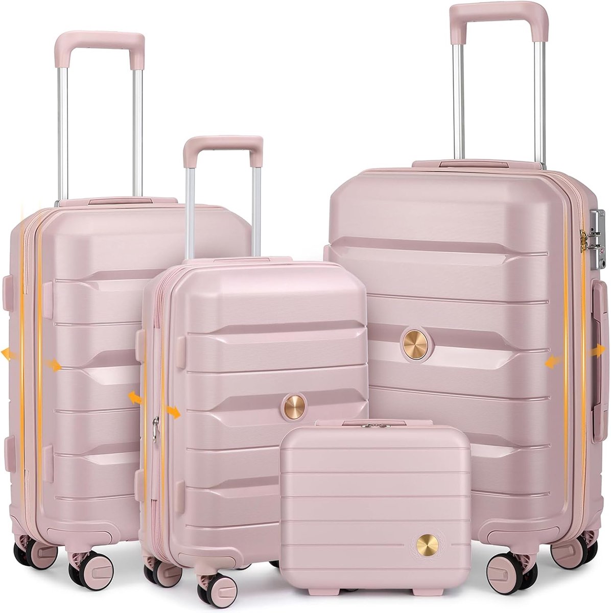 Kofferset 4st Handbagage Trolley Koffer met Beautycase Harde Schaal Polypropyleen Reiskoffer TSA slot 4 dubbele Wielen S-M-L-XL (Kofferset 3(Uitbreidbaar), Naakt Roze)
