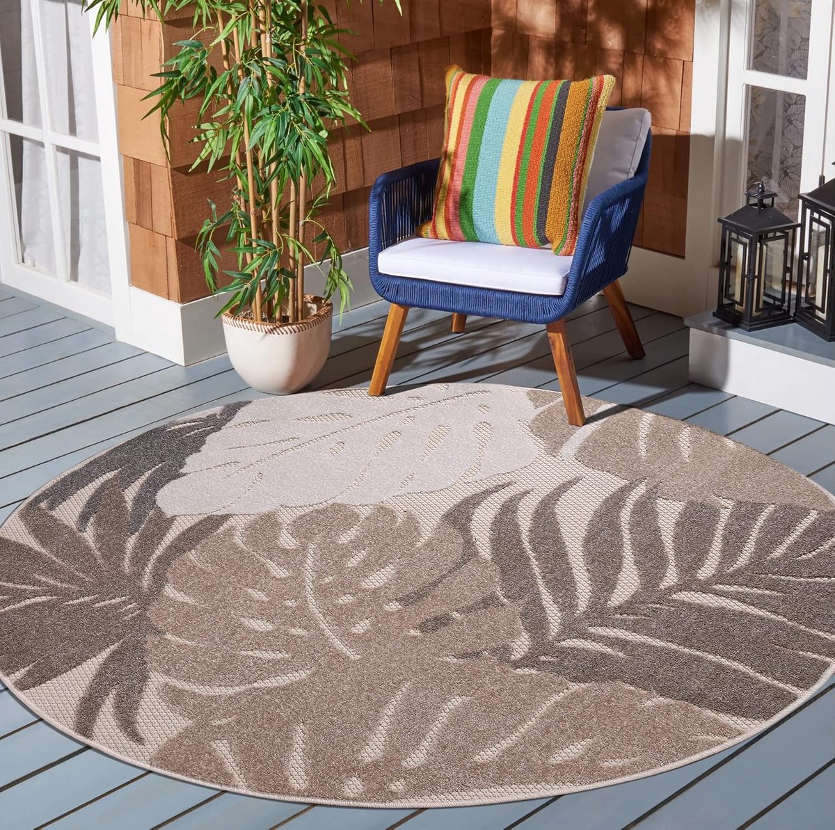 Outdoor tapijt, weerbestendig, outdoortapijten voor binnen en buiten, balkontapijt, waterafstotend, duurzame tapijten voor terras, tuin en woonkamer, beige, 200 cm, rond