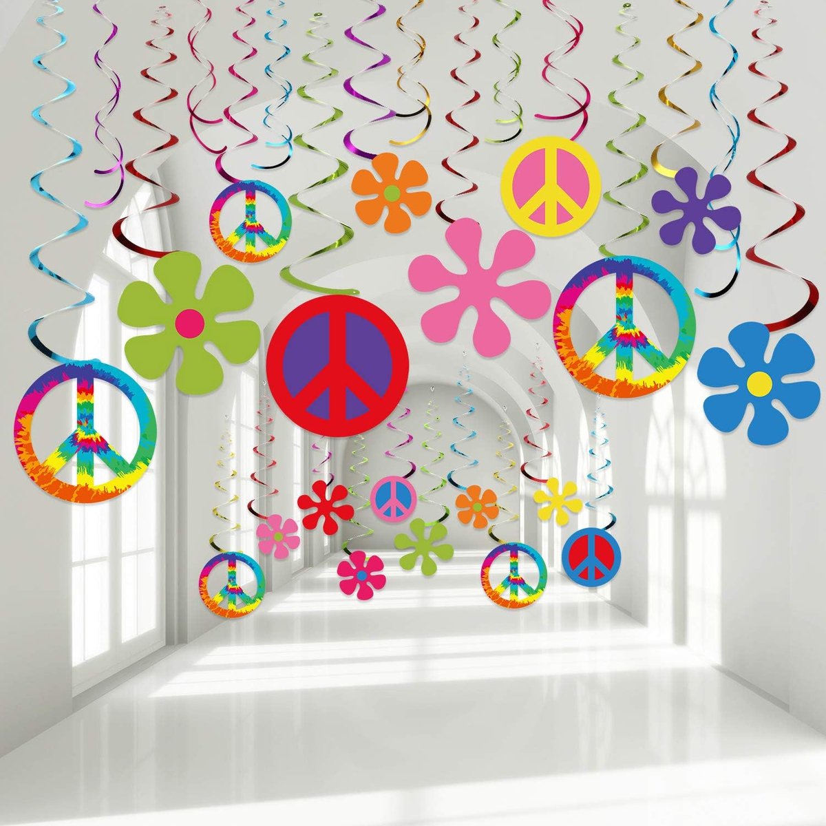 60's Hippie Thema Party Foil Swirl Decoraties, 60s Groovy Party Retro Bloem Uitsparingen Vrede Teken Opknoping Wervelingen Plafond Decoraties voor 60s Hippie Thema Groovy Party Woodstock Party