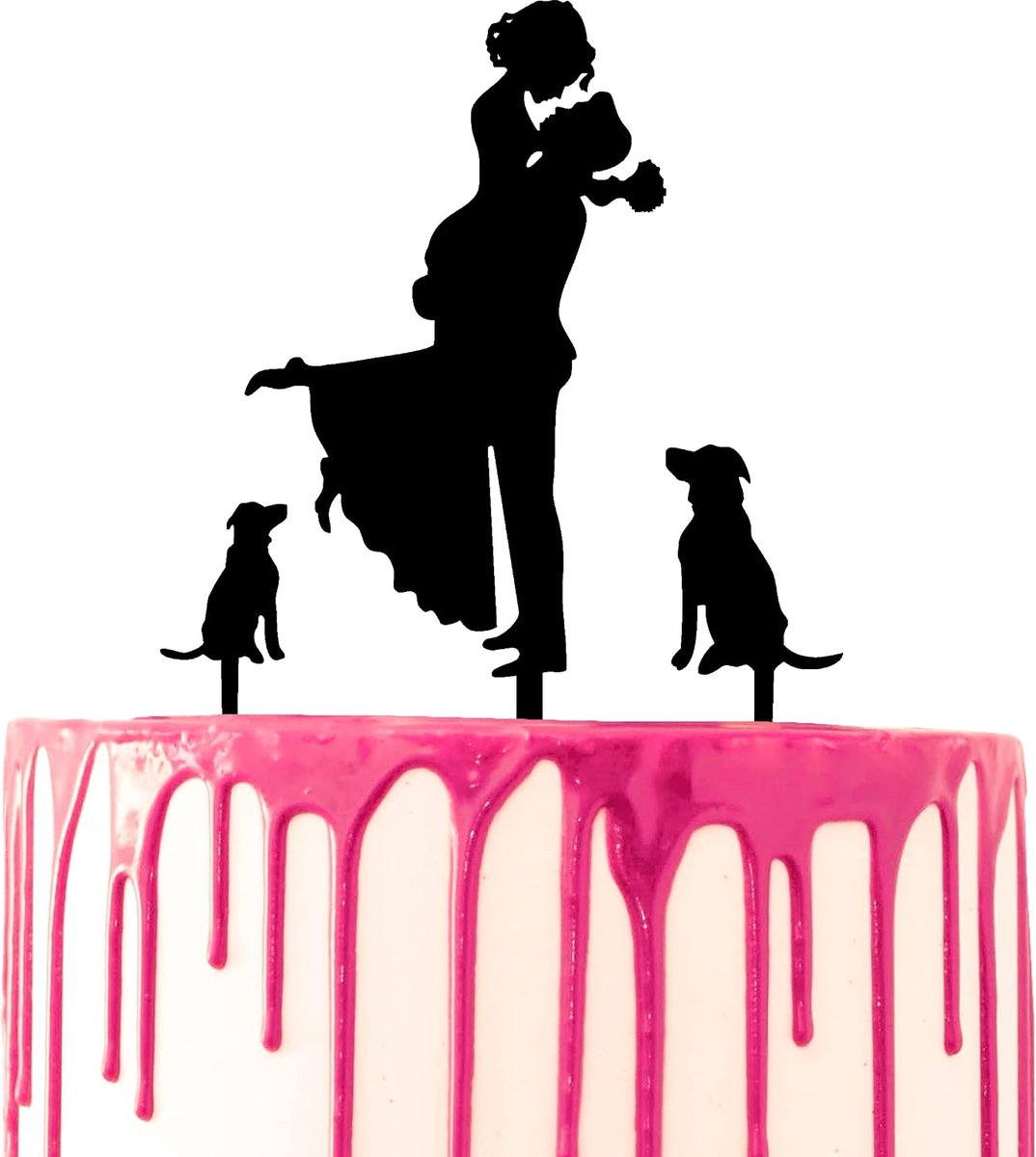 Taarttopper "Bruidegom haalt bruid met twee honden aan de zijkanten, acryl