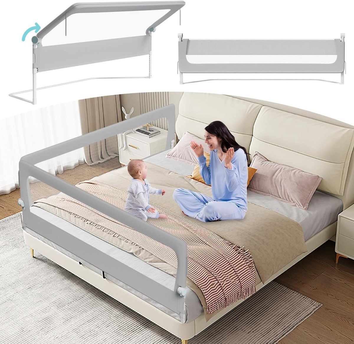 2x200cm+1x180cm Bedhek, valbeveiliging, kinderbedhek 180 graden klaprooibaar, bedbeschermingshek in hoogte verstelbaar 72-86cm, babybedhek met trapeziumvormige voeten en bevestigingsgordels