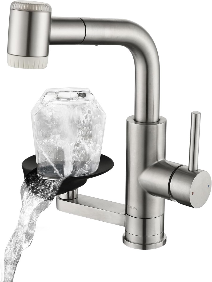 Uittrekbaar met glazenspoeler en waterfilter | Mynaiad keukenmengkraan uittrekbaar met glazenspoeler, 3 straalstanden, filterkop, 360° draaibaar, geborsteld 304 RVS