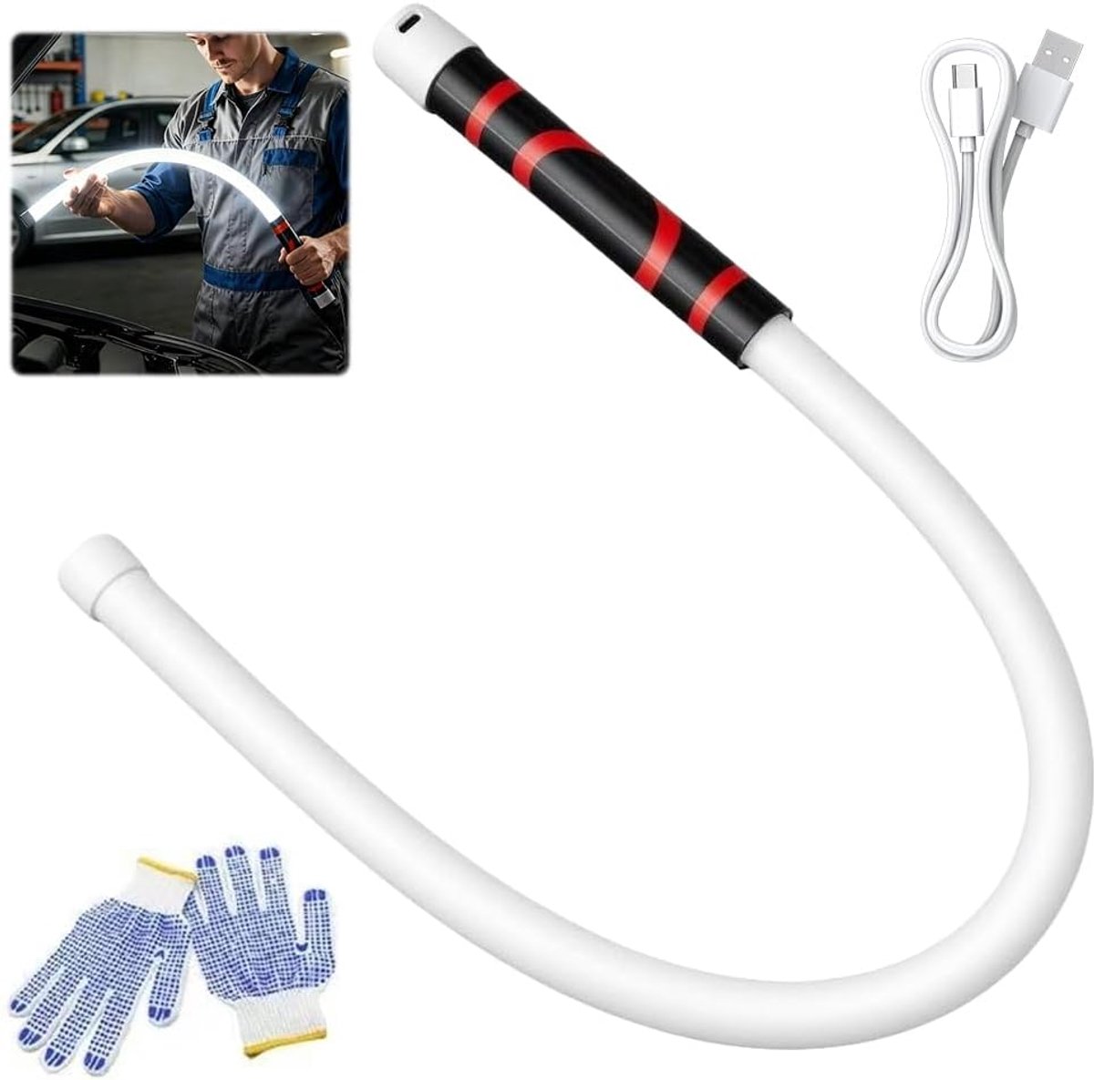 Led-lichtstaaf, 76 cm, superheldere led-zaklampstaven, type-C oplaadbare flexibele zaklamp met 3 verlichtingsmodi en handschoenen, voor autoreparatie, monteurs, krappe ruimtes