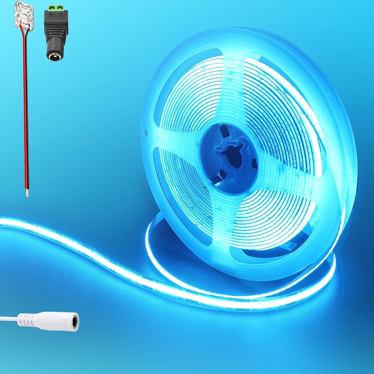 12V COB 480LED LED-strips, 6,56FT/2M (zonder voeding), ijsblauw, 960LED, met 5521DC vrouwelijke connectoren, 8mm breedte, IP20, voor DIY binnenhuisdecoratie