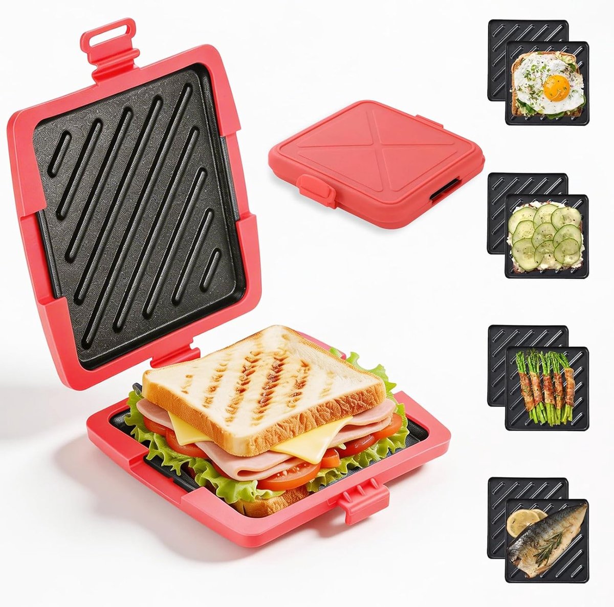 Magnetron, siliconen, mini sandwichmaker voor magnetron, draadloze anti-aanbaklaag, voor sandwiches, thuiskantoor, slaapzaal, magnetron, 13 x 13 cm (rood)