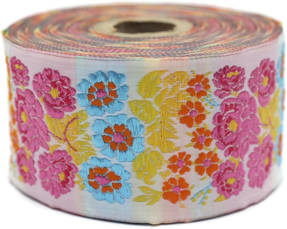 Jacquard Lint Weeft Fuchsia Roze en Hemelsblauw Geheime Tuin 10 m x 50 mm - Rollen Borduurband voor Naaien Decoratie 50097-V7
